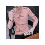 Dou-color T-shirt Men's Long Sleeved Striped Casual Shirt Round Neck - Pink