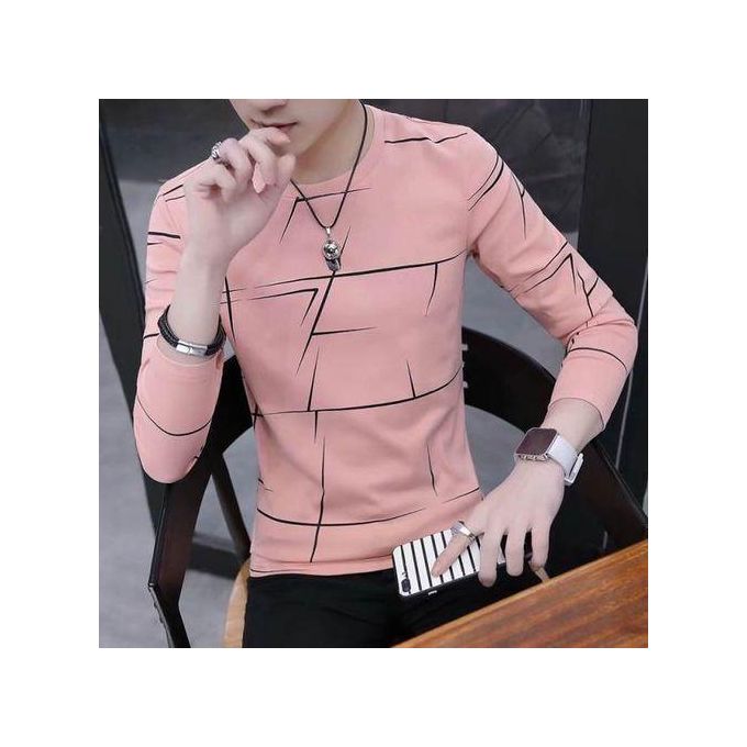 Dou-color T-shirt Men's Long Sleeved Striped Casual Shirt Round Neck - Pink