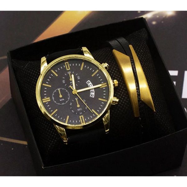 Fashion Sports Men's Quartz Watch Black Bracelet Watch Two-piece Set