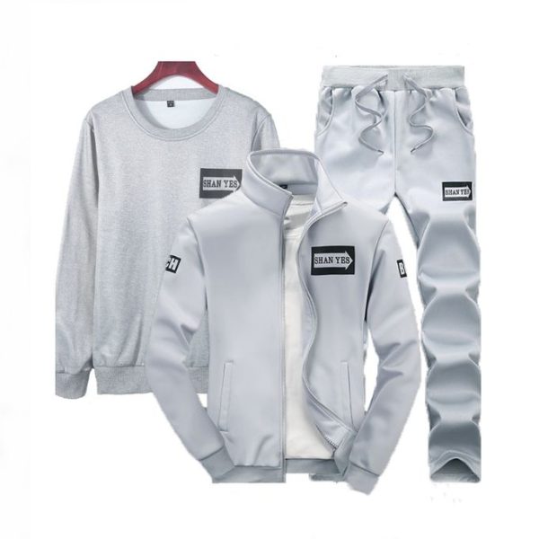 Gukbis 3pcs Men's Sports Suit, Long Sleeves + Sport Coats + Casual Pants Set - Grey