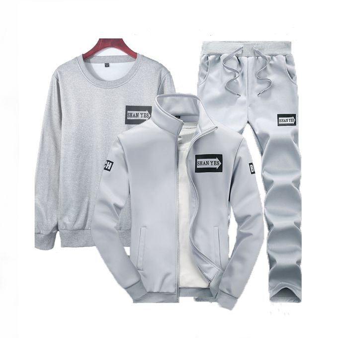 Gukbis 3pcs Men's Sports Suit, Long Sleeves + Sport Coats + Casual Pants Set - Grey