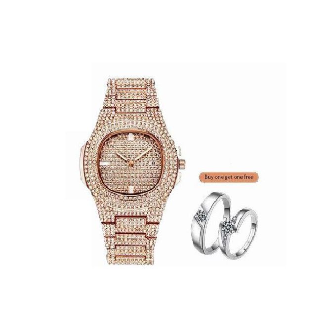 Hip Hop Iced Out Watch Quartz Luxury Full Diamond Round-Rose Gold