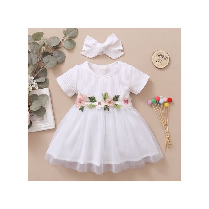 Infant Baby Girl Embroidery Flowers White Short Sleeves Princess Dress