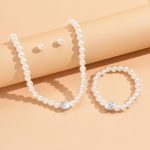 Ladies Artificial Pearl Necklace Bracelet Ear Stud Jewelry Set 3 In 1