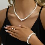 Ladies Artificial Pearl Necklace Bracelet Ear Stud Jewelry Set 3 In 1