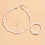 Ladies Artificial Pearl Necklace Bracelet Ear Stud Jewelry Set 3 In 1