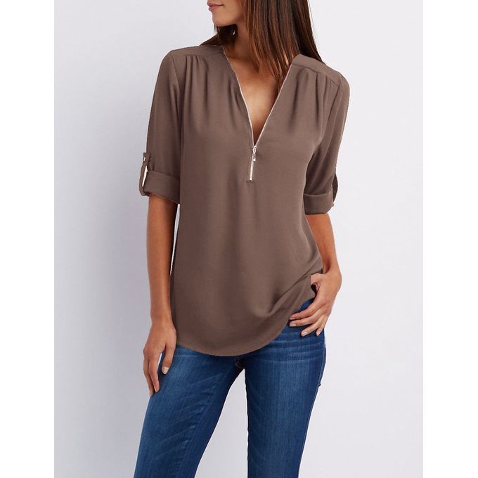 Ladies V-neck Zip-up Rolled Up Sleeved Chiffon Shirt