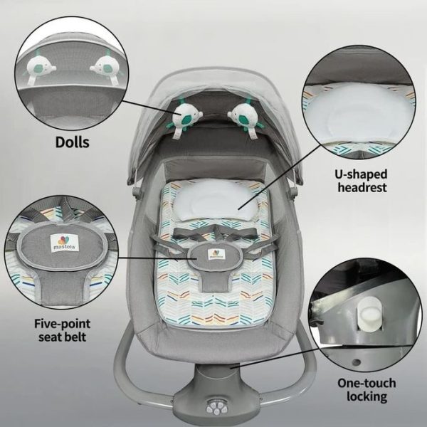 Mastella Electric Baby Swing Remote controlled with 3-in-1 function: Rocker, sleeper, bassinet. Reclines. 5-speed variation