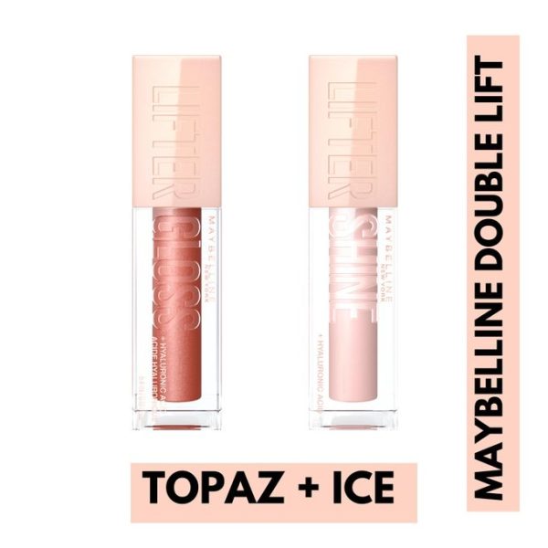 Maybelline Lifter Gloss Twin Pack - Topaz + Ice - With Hyaluronic Acid for Hydrated, Fuller, Lifted Lips, 5.4ml
