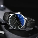 Men's Blue Dial Leather Belt Quartz Wrist Watch For Business