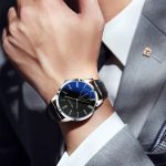 Men's Blue Dial Leather Belt Quartz Wrist Watch For Business