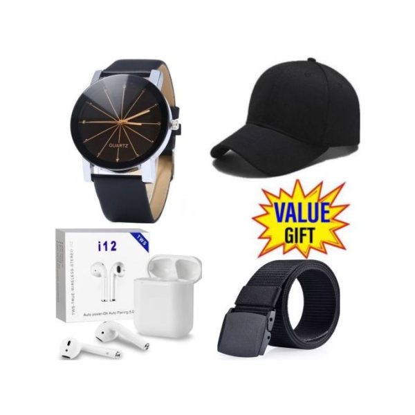 Mens Buckle Leather Belt Canvas -Tactical Belts + Watch + Cap + I 12 Air - Pod