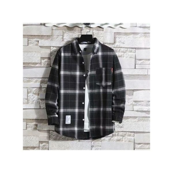 Men's Long Sleeved Checkered Shirt With Enlarged Size - Black