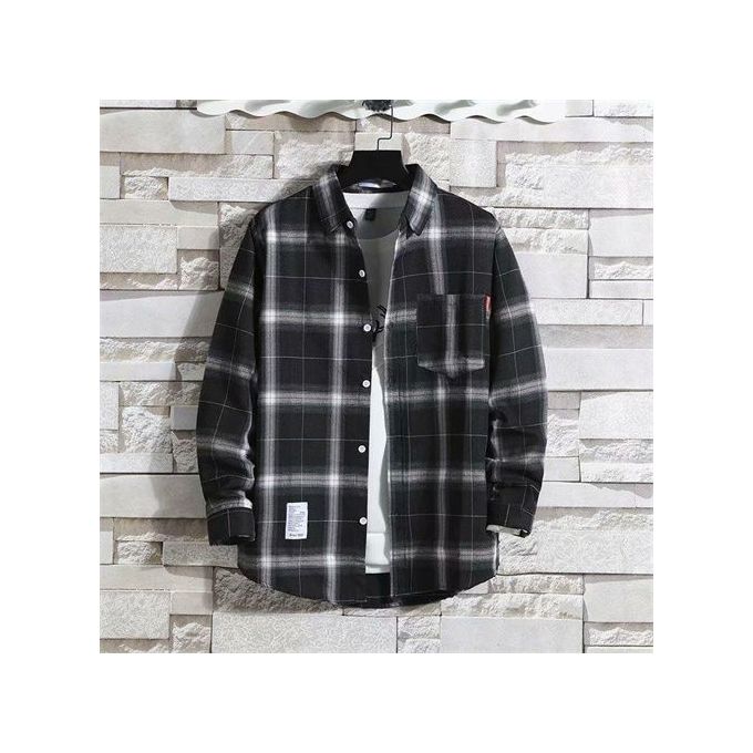 Men's Long Sleeved Checkered Shirt With Enlarged Size - Black