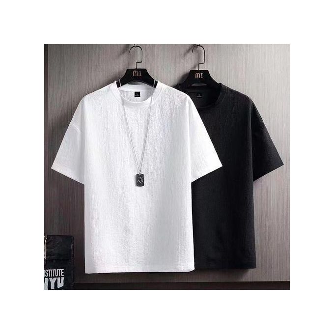 Mens Loose Large Size Short Sleeve T-shirt 2 Pcs-Black/White