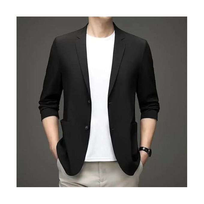 Men's slim-fit single-breasted black suit jacket