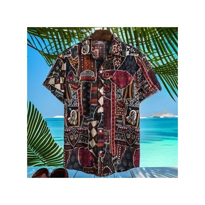 Mens Vintage Graffiti Short Sleeve Button-Down Hawaii Beach Shirt