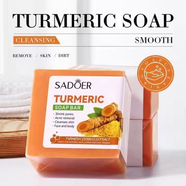 SADOER Body and Face Turmeric Soap Bar, Tumeric Soap (100g) is Designed For Acne Removal, Deep Cleaning, Moisturizing, Shrinking large Pores, Like Vitamin C, Brighten Skin Tone,...