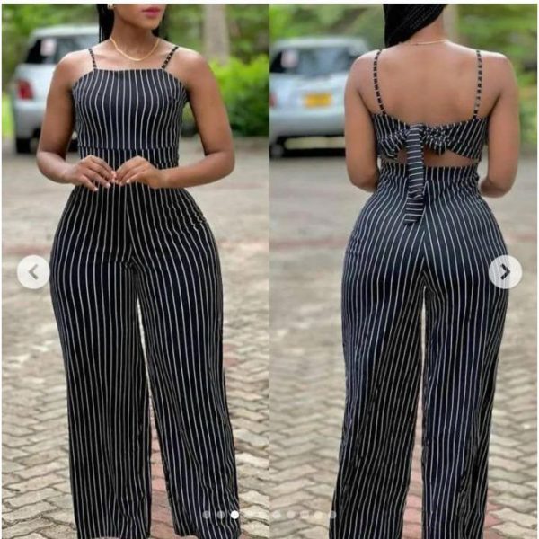 Striped Elegant Casual Ladies' Jumpsuits - Black