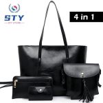STY 4 In 1 Ladies Handbag Cross-body Bag Purse Card Case Set PU Synthetic Leather Bag - Black