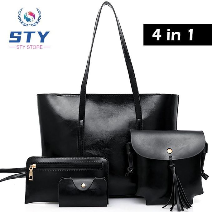 STY 4 In 1 Ladies Handbag Cross-body Bag Purse Card Case Set PU Synthetic Leather Bag - Black