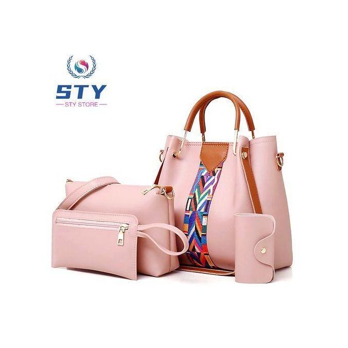 STY 4 In 1 Ladies Handbags Women Shoulder Bags Set PU Synthetic Leather -Pink