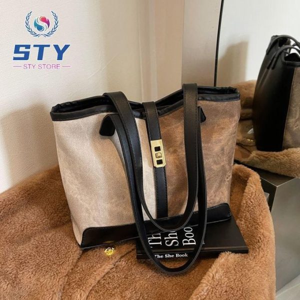 STY Ladies Handbags Color-blocked bags Simple bags High-quality PU Synthetic Leather Bag