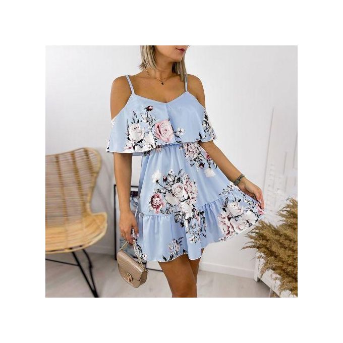 Style Women Elegant Floral Print V-neck-Blue