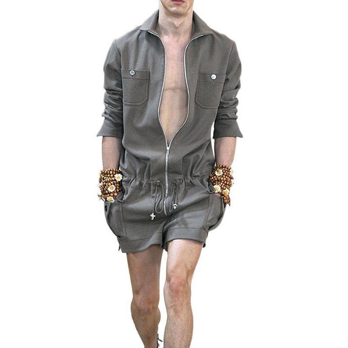 Summer Trendy Men's Long Sleeve Shorts Cargo Jumpsuit