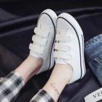 SXCHEN Women Shoes Fashion Sneakers Flats Canvas Shoes Velcro Ladies Shoes School White