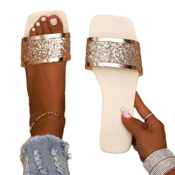 Women's Shoes Women's Sandals Women's Beach Shoes Square Toe Open Toe Soft Bottom Beach Flat Sequin Flip-flops Women's Summer Slippers