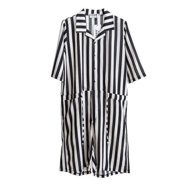 Women's Vintage Vertical Striped Short Sleeve and Shorts Jumpsuit