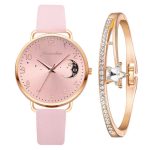 Women's WatchWatch + BraceletLeather Strap Casual Ladies Watch + Bracelet
