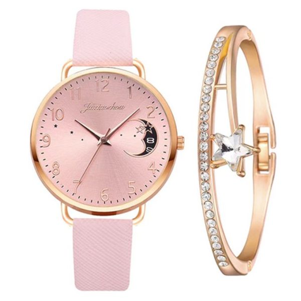 Women's WatchWatch + BraceletLeather Strap Casual Ladies Watch + Bracelet