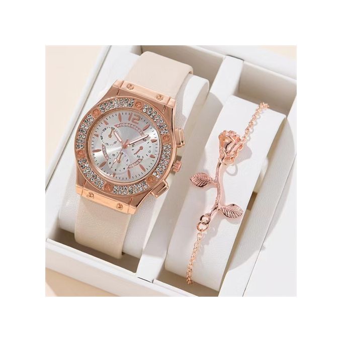 Women's WatchWatch + BraceletLeather Strap Casual Ladies Watch + Bracelet