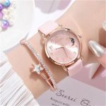 Women's WatchWatch + BraceletLeather Strap Casual Ladies Watch + Bracelet