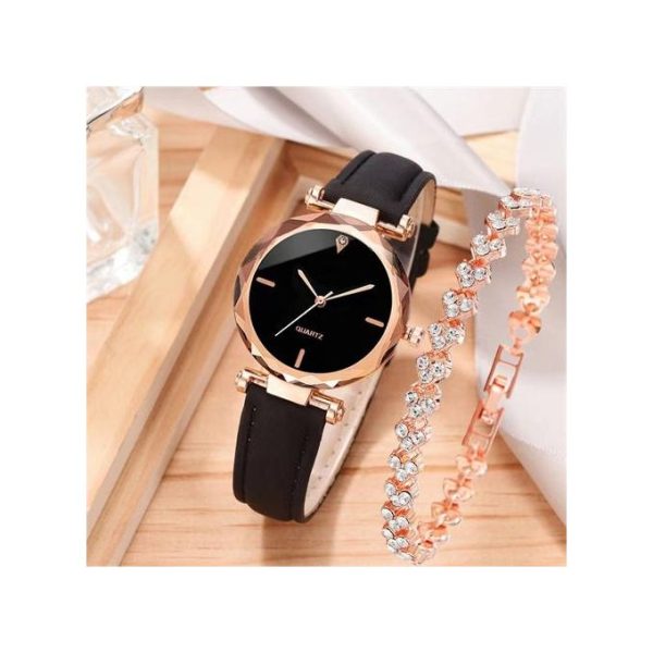 Women's WatchWatch + BraceletLeather Strap Casual Ladies Watch + Bracelet