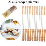 20 PCS 30 cm Stainless Steel Barbecue Skewers, Reusable BBQ Sticks with Wood Handle for BBQ Camping