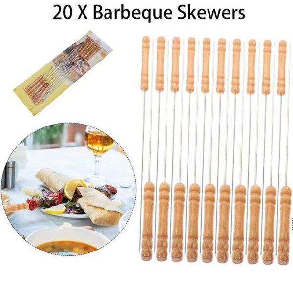 20 PCS 30 cm Stainless Steel Barbecue Skewers, Reusable BBQ Sticks with Wood Handle for BBQ Camping