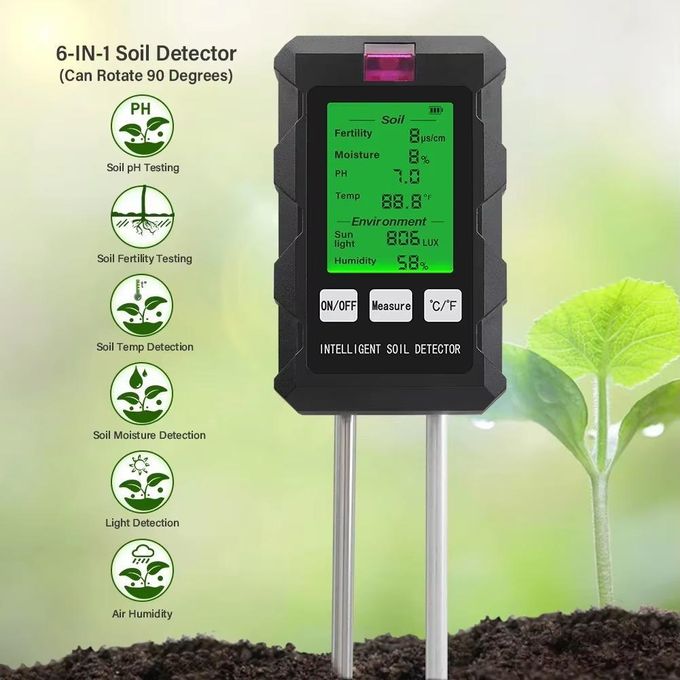 Intelligent 6-in-1 Soil PH Meter with LCD Display – Fertility, Moisture, Temperature, Light & Humidity Detector for Plants
